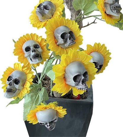 4Pcs Sunflower Skull Flowers Stake, Simulation Sun Flower Skull Art, Skull Flowers Ornament, Creepy Handicraft Decoration for Front Door Halloween Patio Lawn Yard Festival Home Decor