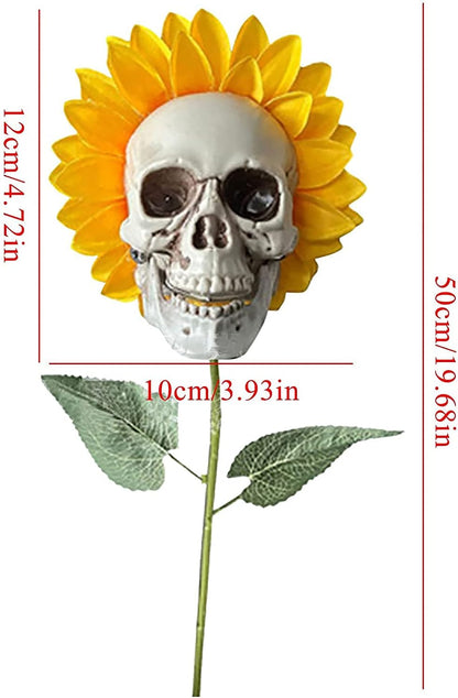 4Pcs Sunflower Skull Flowers Stake, Simulation Sun Flower Skull Art, Skull Flowers Ornament, Creepy Handicraft Decoration for Front Door Halloween Patio Lawn Yard Festival Home Decor