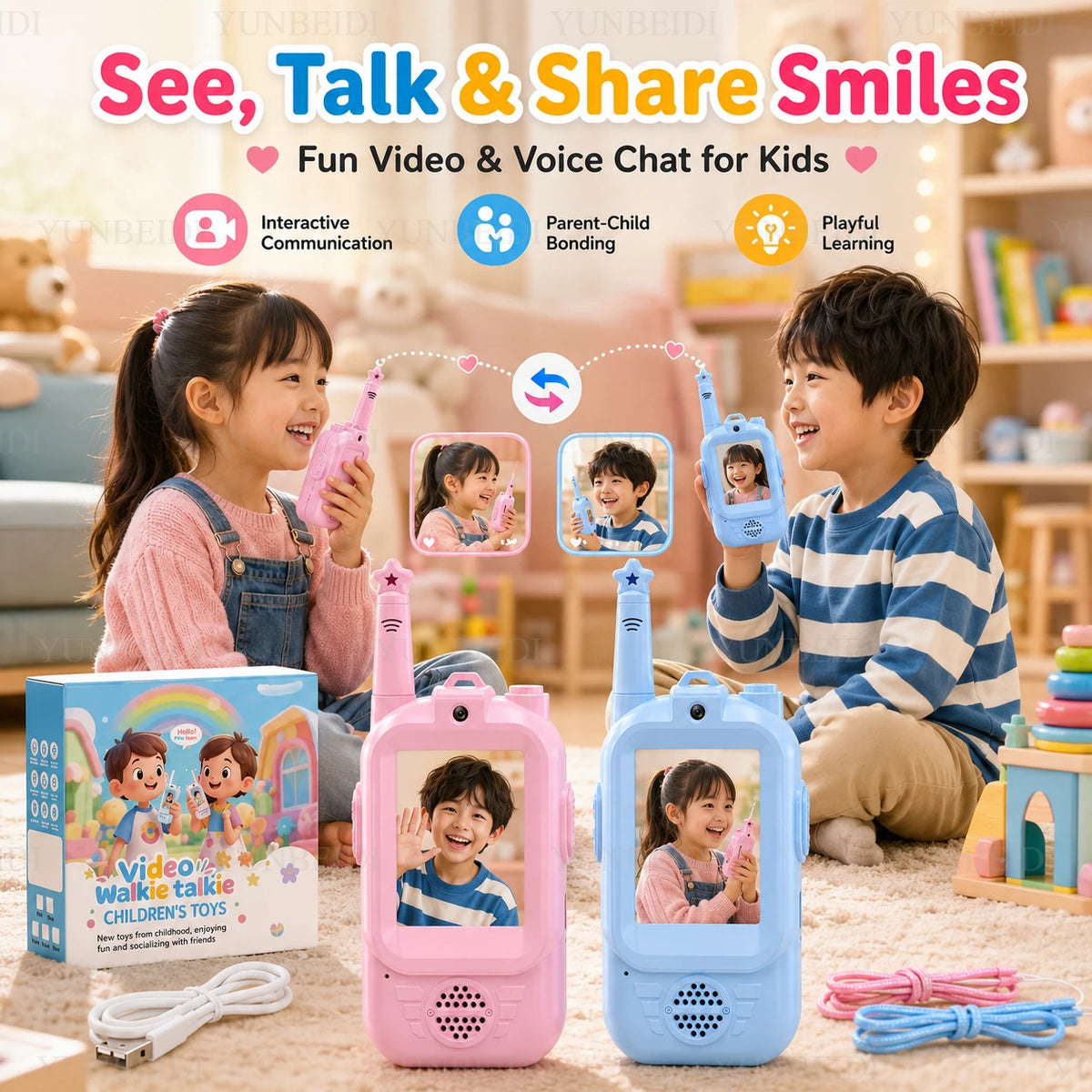 2PC Children'S Video Walkie-Talkie HD Walkie-Talkie USB Charging Indoor Outdoor Entertainment Kids Toys Festival Gifts Ages 3-12
