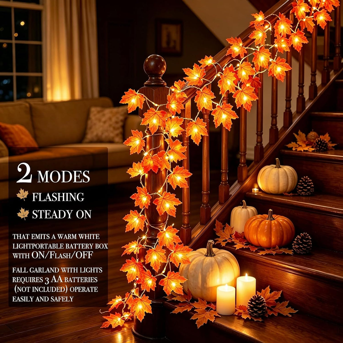 Fall Decor 2 Pack Fall Garland with Lights Enlarged Maple Leaves 20Ft 40LED