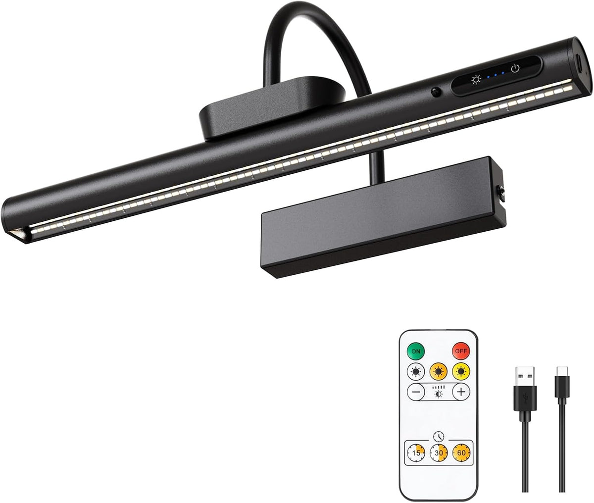 Dimmable Cordless Picture Light with Controller and Timer, Rechargeable Battery Wall Sconce for Wall Pictures, Gallery Artwork, Paintings, Portraits, Dartboards (Black)