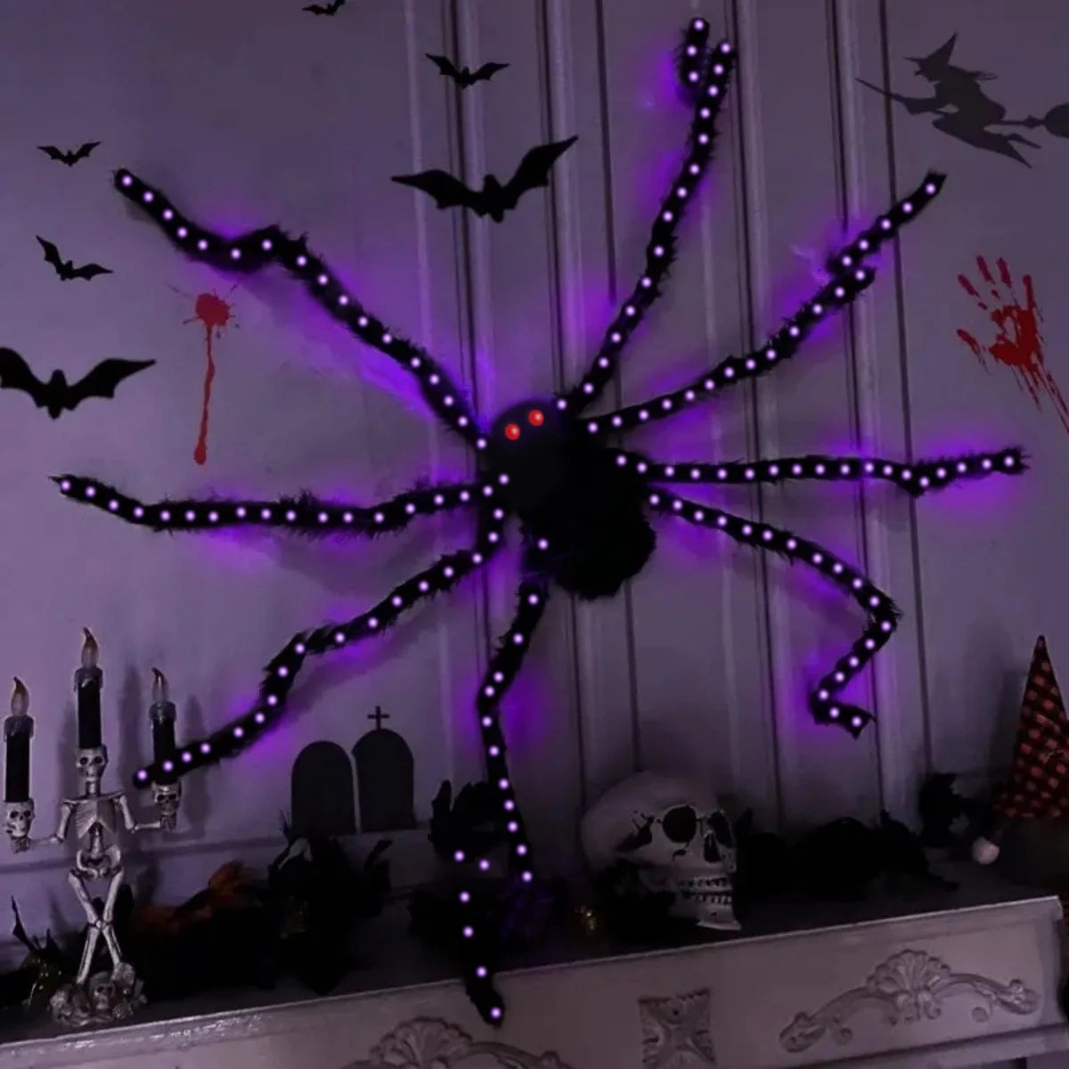 1Pack Halloween Spider with 144LED Copper Wire Lights Purple Light Waterproof Battery Powered for Home Outdoor Halloween Decor