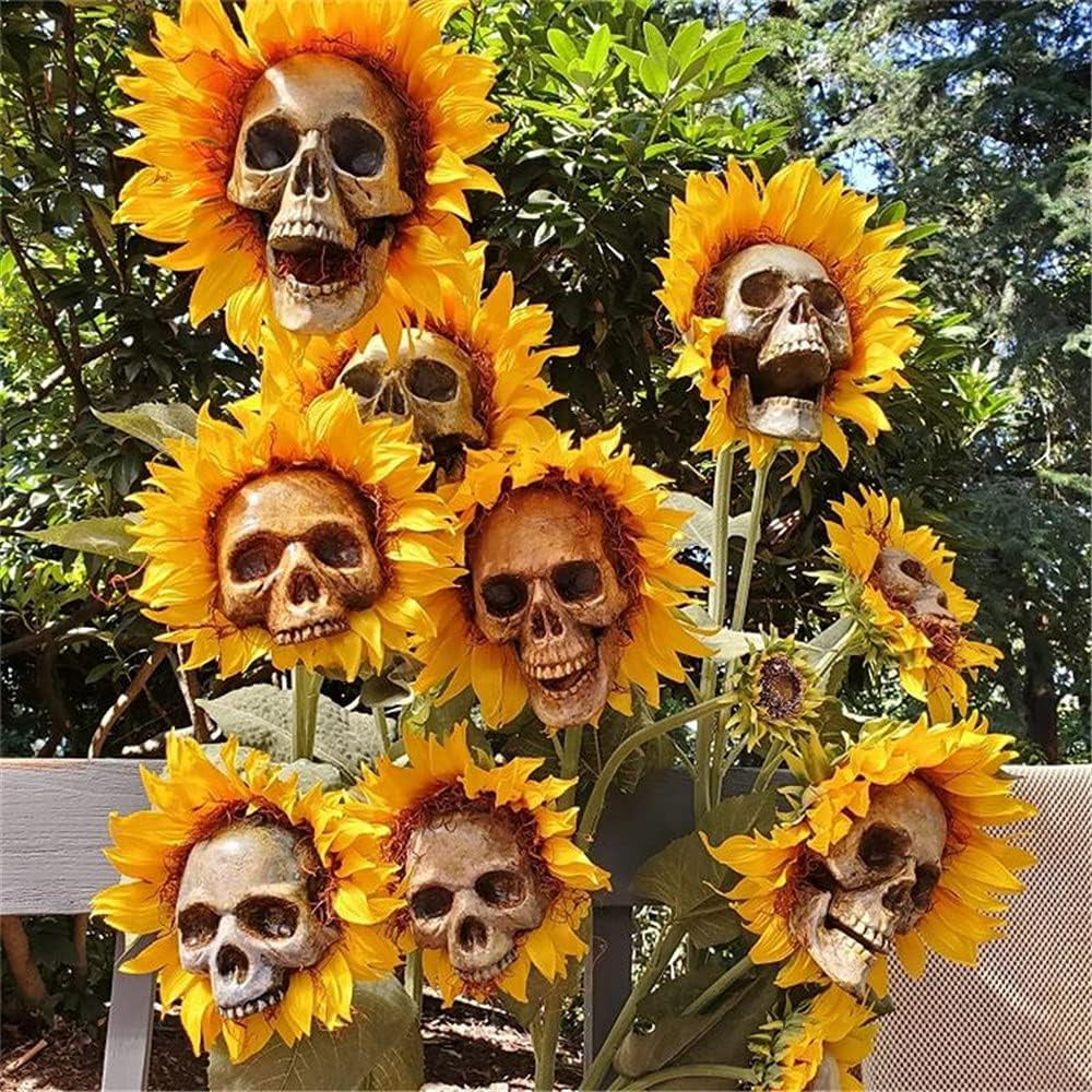 4Pcs Sunflower Skull Flowers Stake, Simulation Sun Flower Skull Art, Skull Flowers Ornament, Creepy Handicraft Decoration for Front Door Halloween Patio Lawn Yard Festival Home Decor