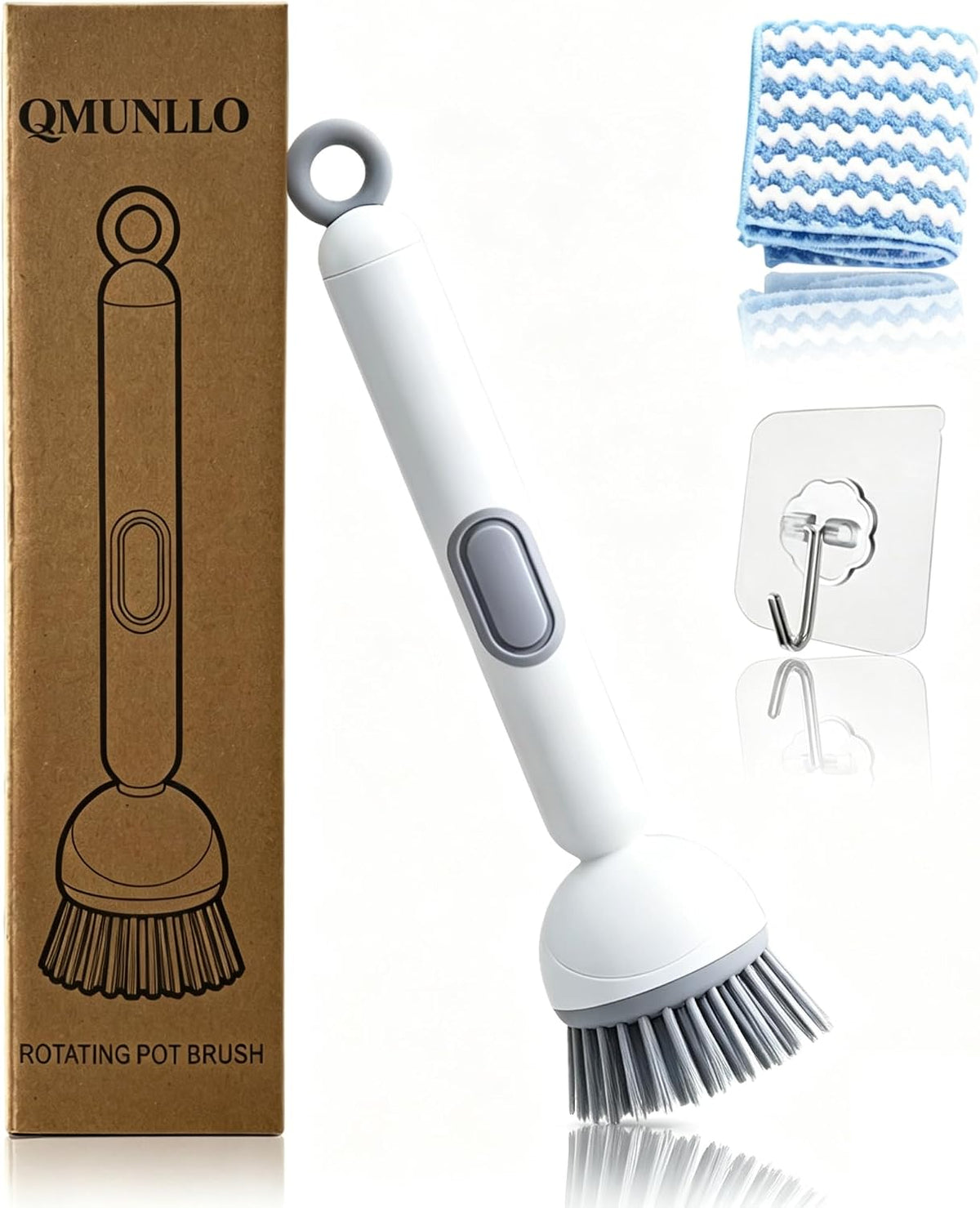 QMUNLLO Rotating Dish Brush & Soap Dispenser Set for Pots & Pans(White)