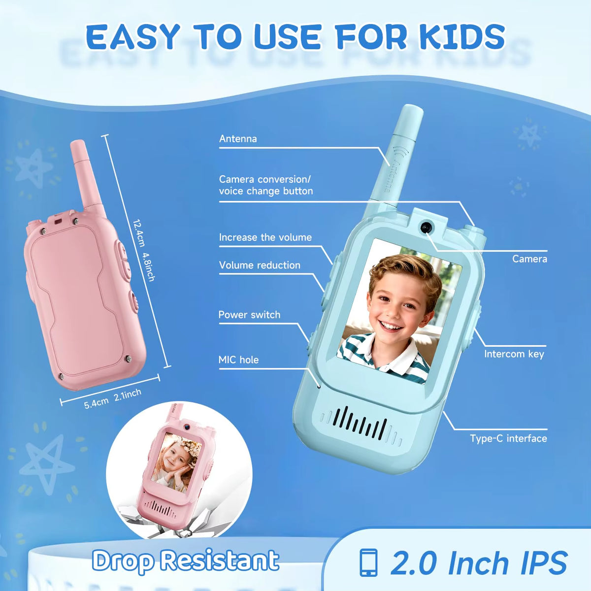 Video Walkie Talkies for Kids 2 Pack Rechargeable Toddler Toys for Indoor Camping Travel Birthday Gfits for Kids Ages 3-12