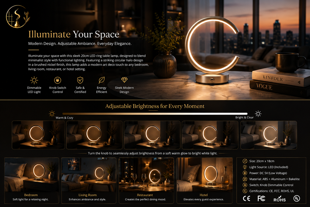 Modern LED Ring Table Lamp – Dimmable Circular Night Light for Bedroom, Living Room & Hotel