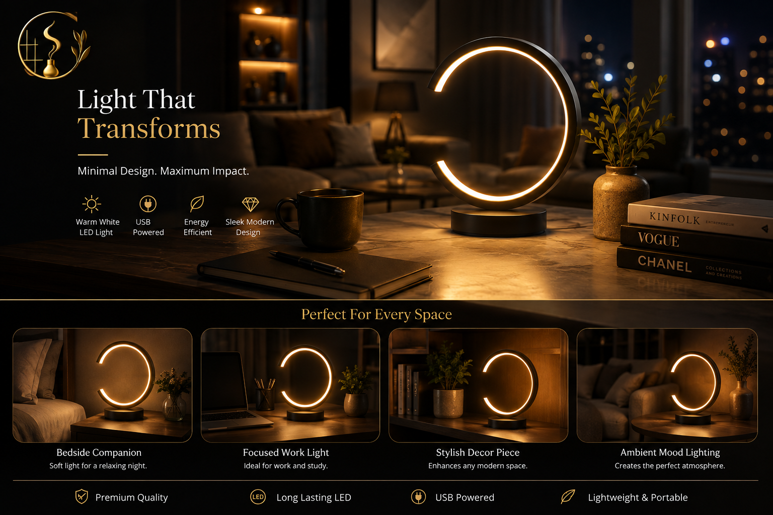 Modern LED Ring Table Lamp – Dimmable Circular Night Light for Bedroom, Living Room & Hotel
