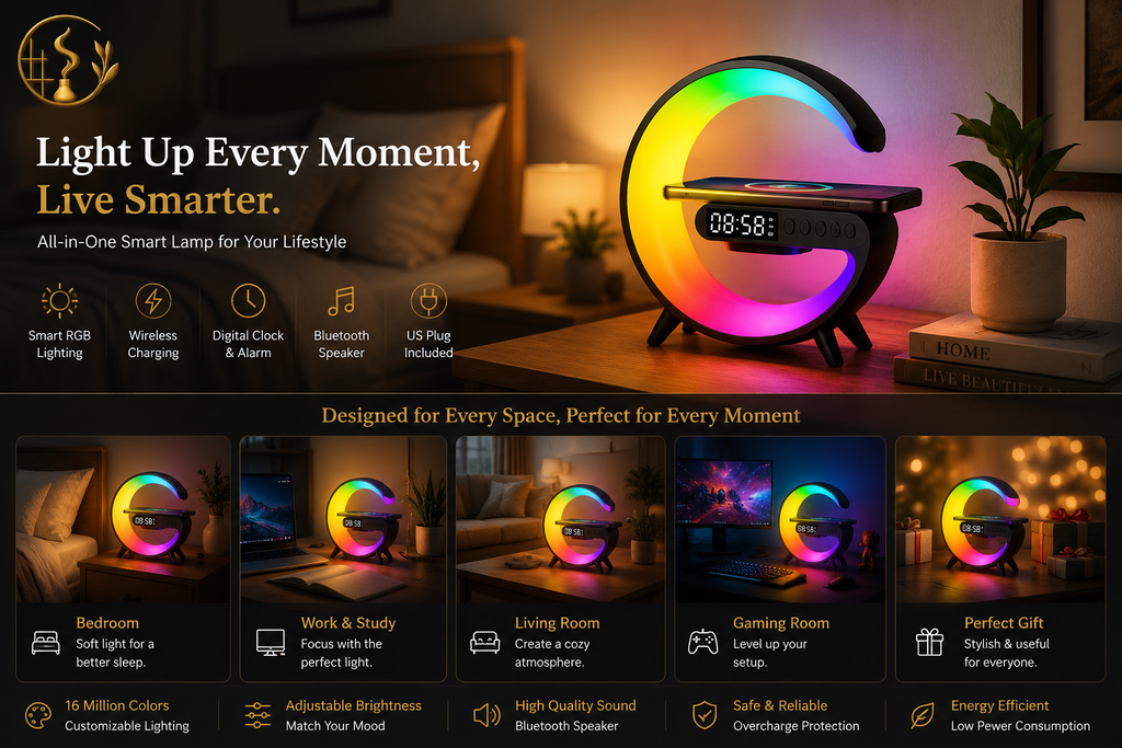 Multifunction Wireless Charging Station – RGB Night Light, Bluetooth Speaker & Alarm Clock for iPhone, Samsung, Xiaomi