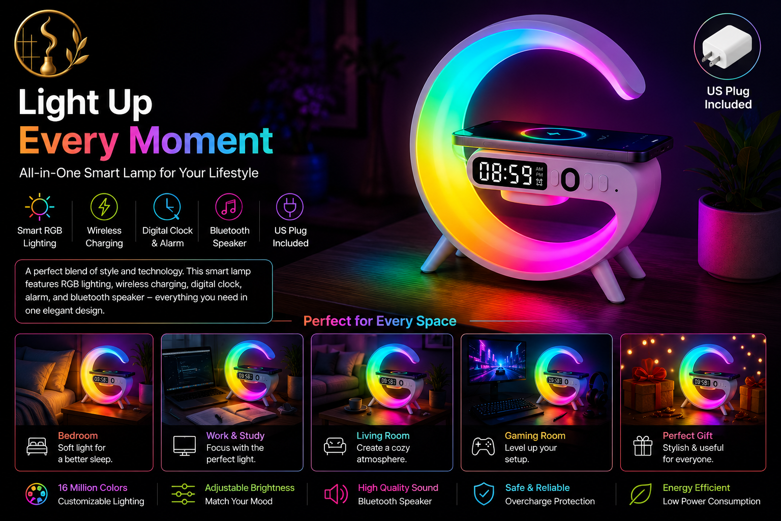 Multifunction Wireless Charging Station – RGB Night Light, Bluetooth Speaker & Alarm Clock for iPhone, Samsung, Xiaomi