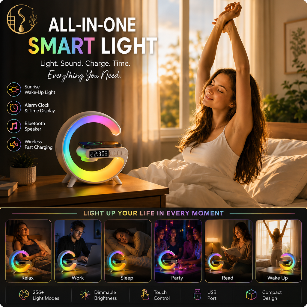 Multifunction Wireless Charging Station – RGB Night Light, Bluetooth Speaker & Alarm Clock for iPhone, Samsung, Xiaomi