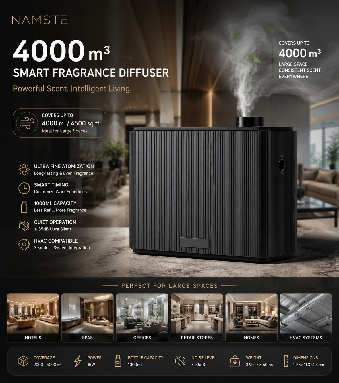 NAMSTE 4000m³ Smart Fragrance Diffuser – Timed Scent Air Machine for Home, Hotel, Spa & HVAC
