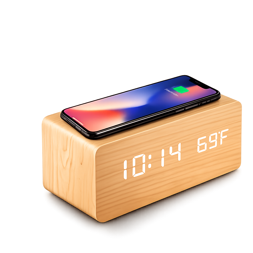 Wooden Digital Alarm Clock with Wireless Charging, LED Clock with Time, Date,Temperature, Desk Clocks for Office,Bedside Clock
