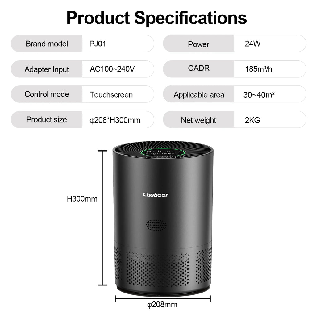 Chuboor Air Purifiers for Home H13 True HEPA for Bedroom Room Kitchen Washroom for Smoke and Dust Pollen Odors PM2.5 Detection 185m³/h CADR Supports Tuya App for 30-40 Square Meters of Clean Purifier Effectively Improve Air