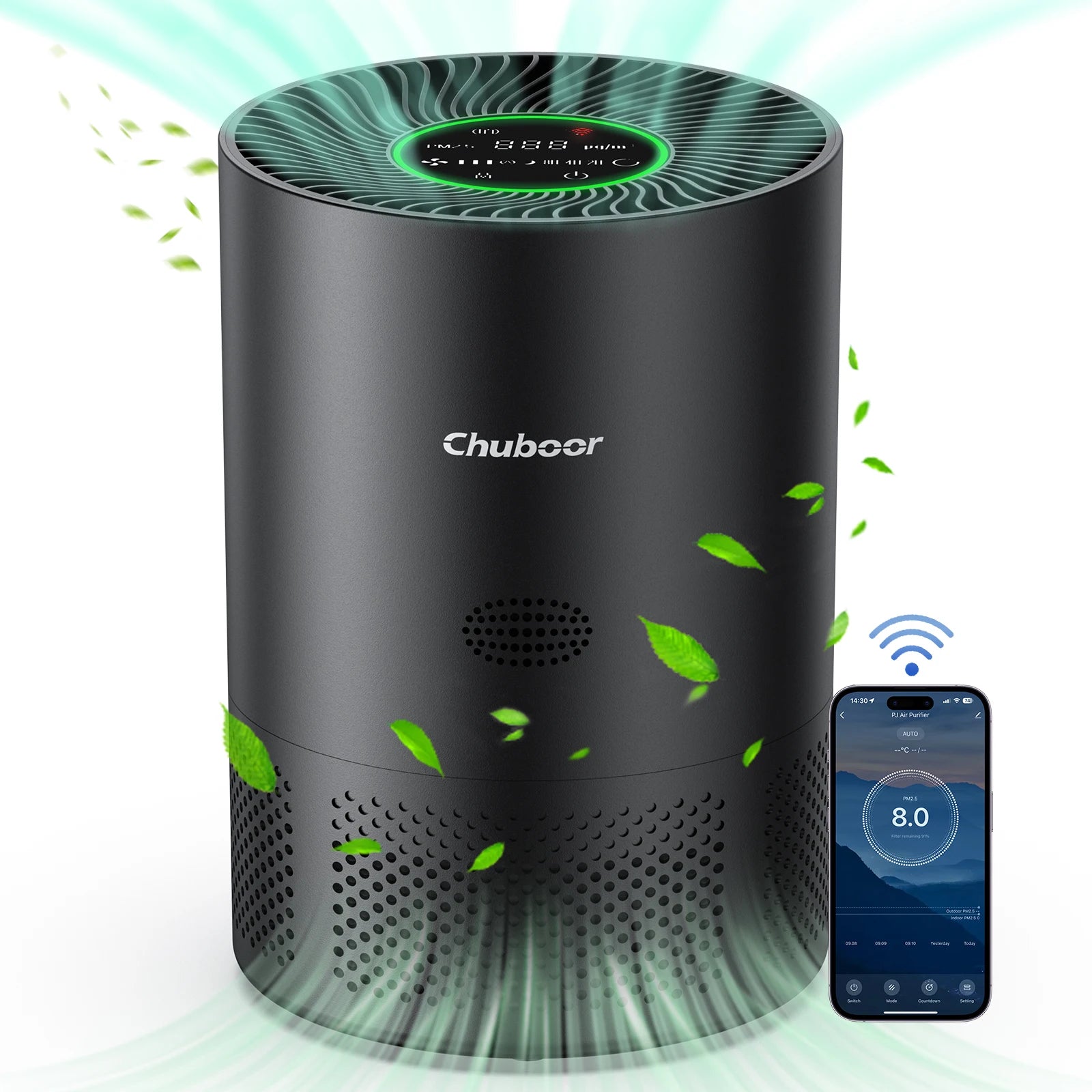 Chuboor Air Purifiers for Home H13 True HEPA for Bedroom Room Kitchen Washroom for Smoke and Dust Pollen Odors PM2.5 Detection 185m³/h CADR Supports Tuya App for 30-40 Square Meters of Clean Purifier Effectively Improve Air