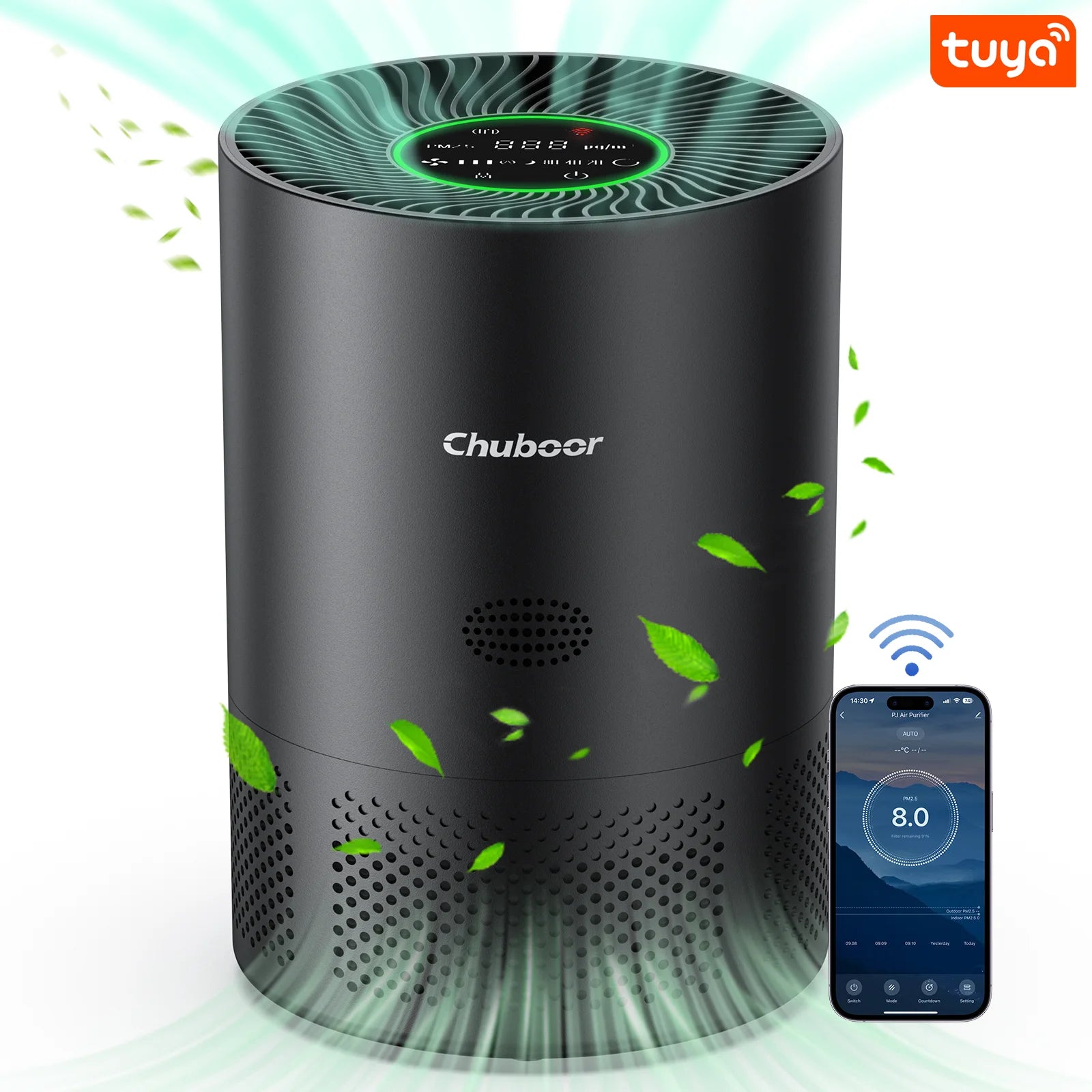 Chuboor Air Purifiers for Home H13 True HEPA for Bedroom Room Kitchen Washroom for Smoke and Dust Pollen Odors PM2.5 Detection 185m³/h CADR Supports Tuya App for 30-40 Square Meters of Clean Purifier Effectively Improve Air
