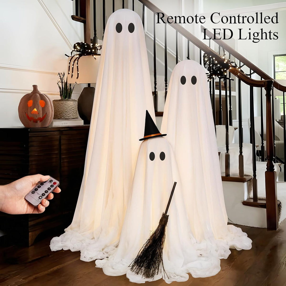 Halloween Decorations Outdoor - Set of 3 Light up Ghosts with Timer Remote