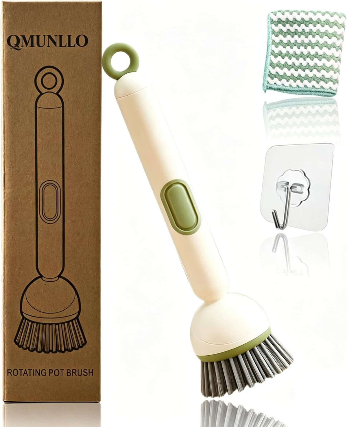 QMUNLLO Rotating Dish Brush & Soap Dispenser Set for Pots & Pans(White)