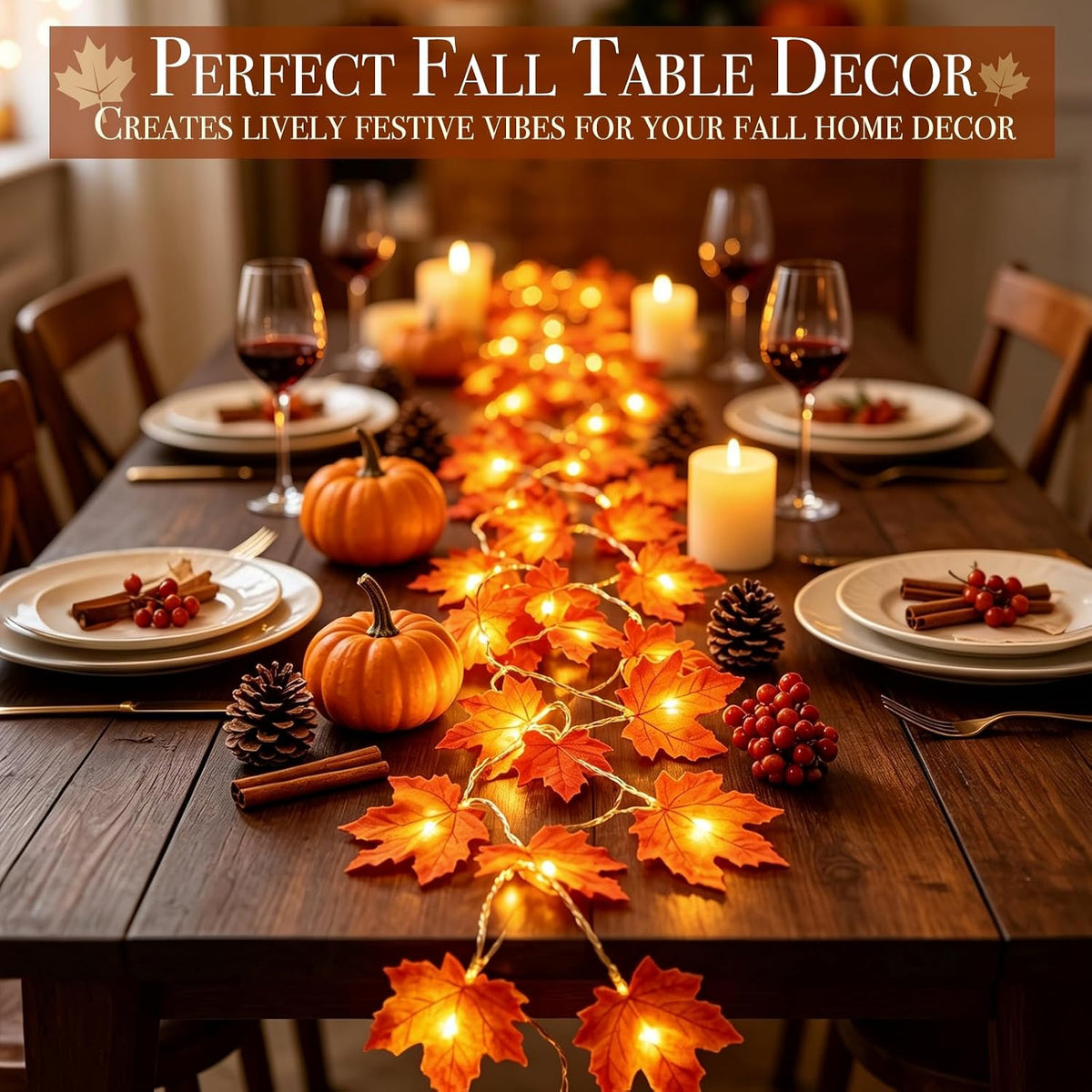 Fall Decor 2 Pack Fall Garland with Lights Enlarged Maple Leaves 20Ft 40LED
