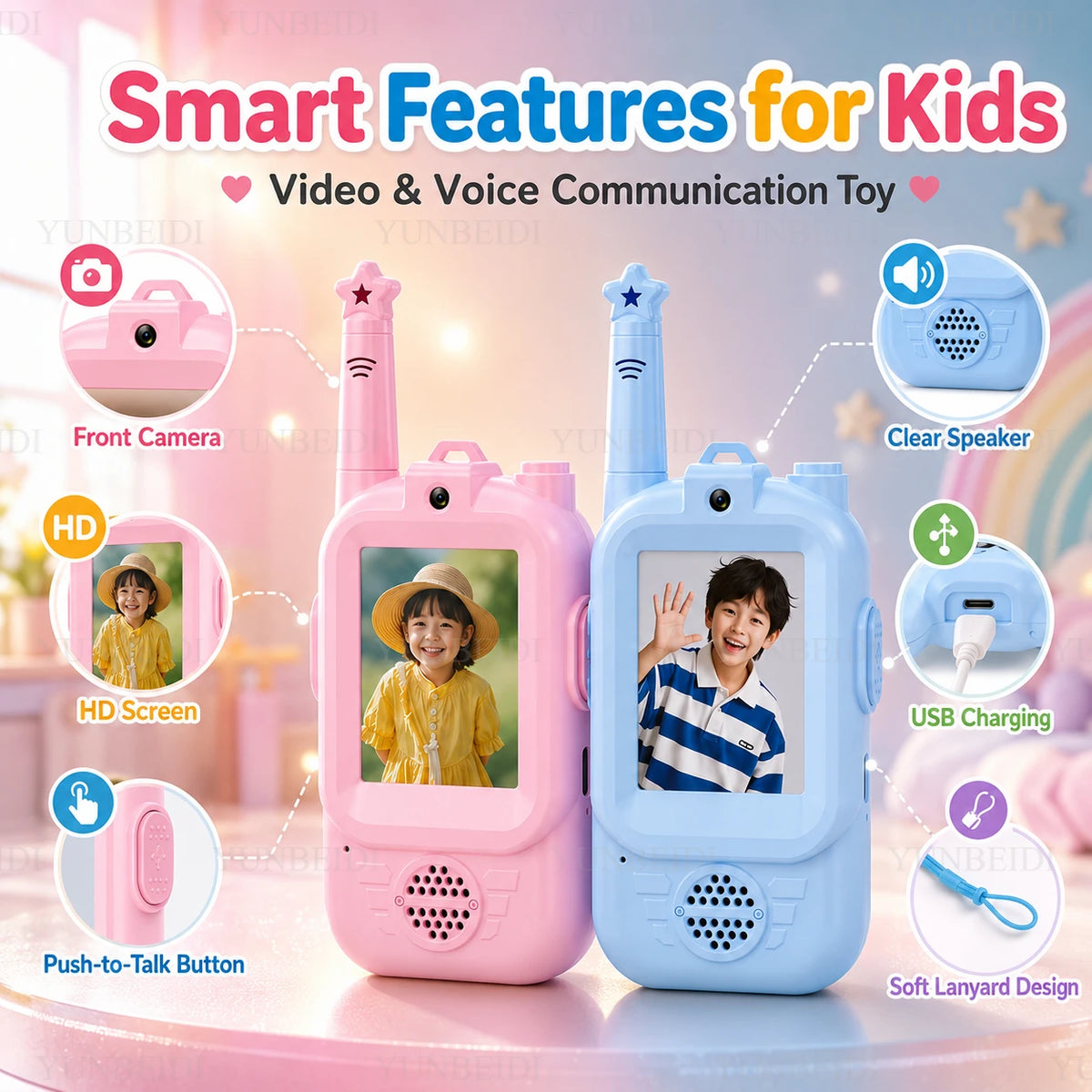 2PC Children'S Video Walkie-Talkie HD Walkie-Talkie USB Charging Indoor Outdoor Entertainment Kids Toys Festival Gifts Ages 3-12