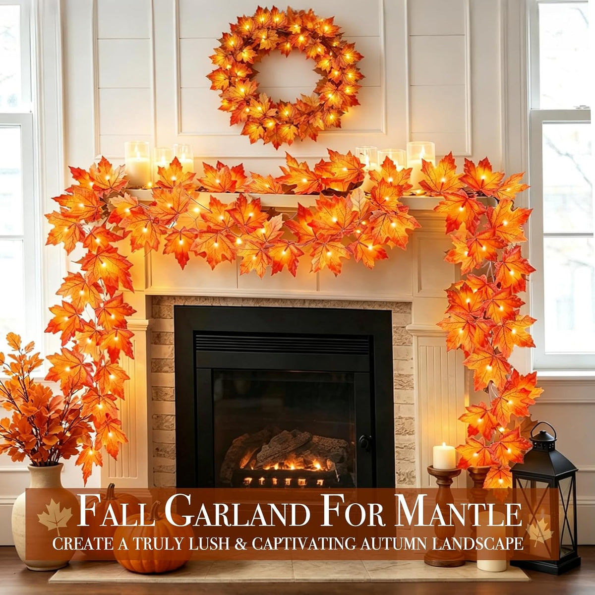 Fall Decor 2 Pack Fall Garland with Lights Enlarged Maple Leaves 20Ft 40LED