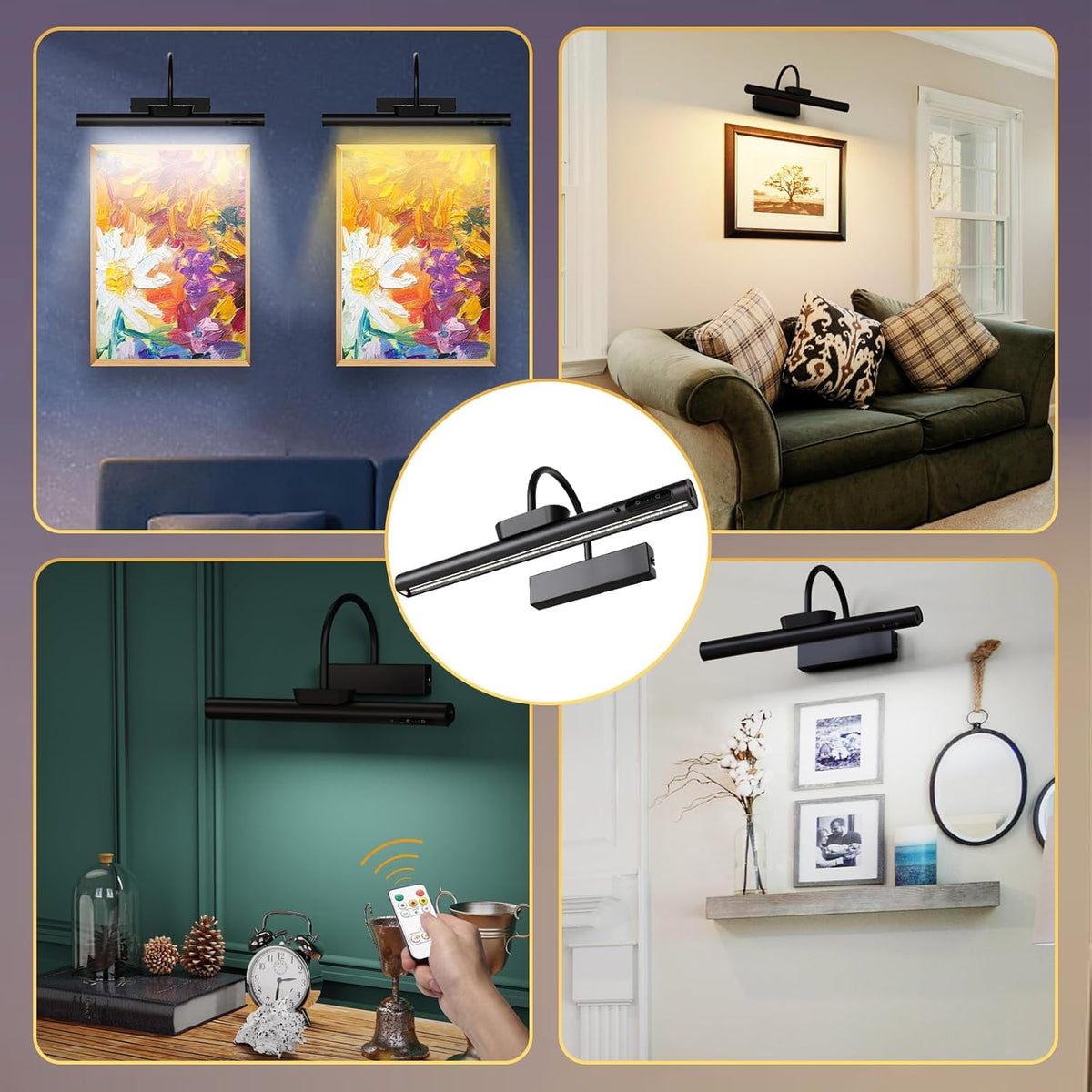 Dimmable Cordless Picture Light with Controller and Timer, Rechargeable Battery Wall Sconce for Wall Pictures, Gallery Artwork, Paintings, Portraits, Dartboards (Black)