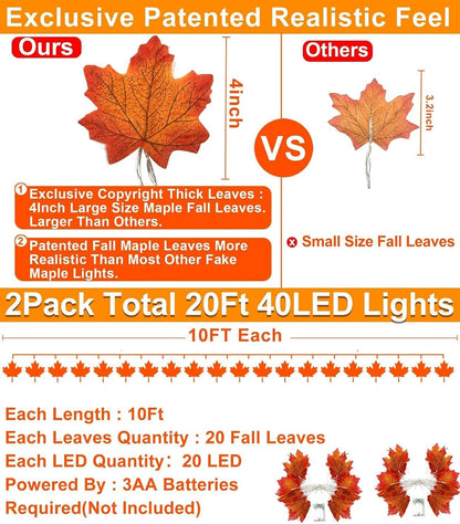 Fall Decor 2 Pack Fall Garland with Lights Enlarged Maple Leaves 20Ft 40LED